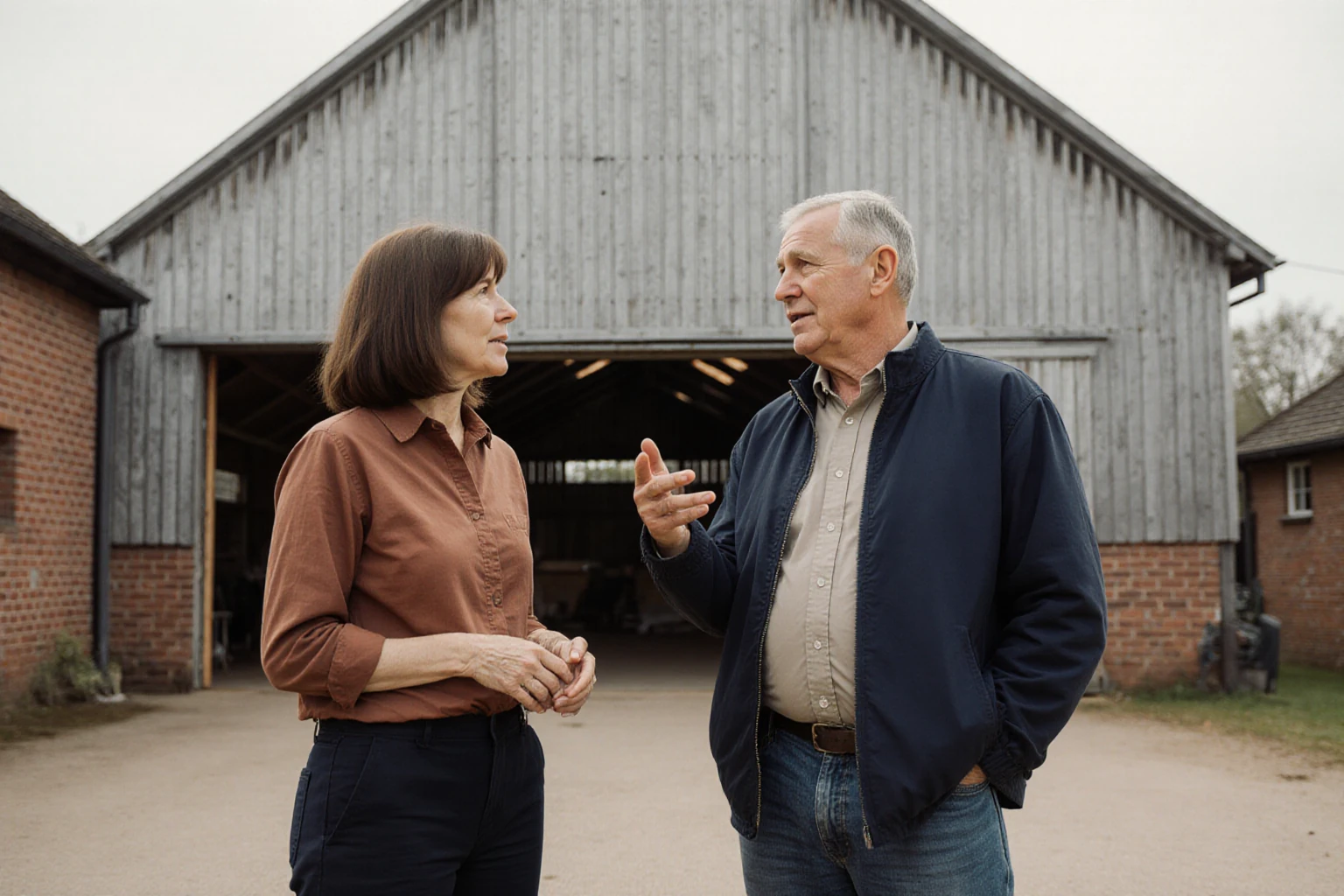 Discussion about an agricultural business in a farmyard